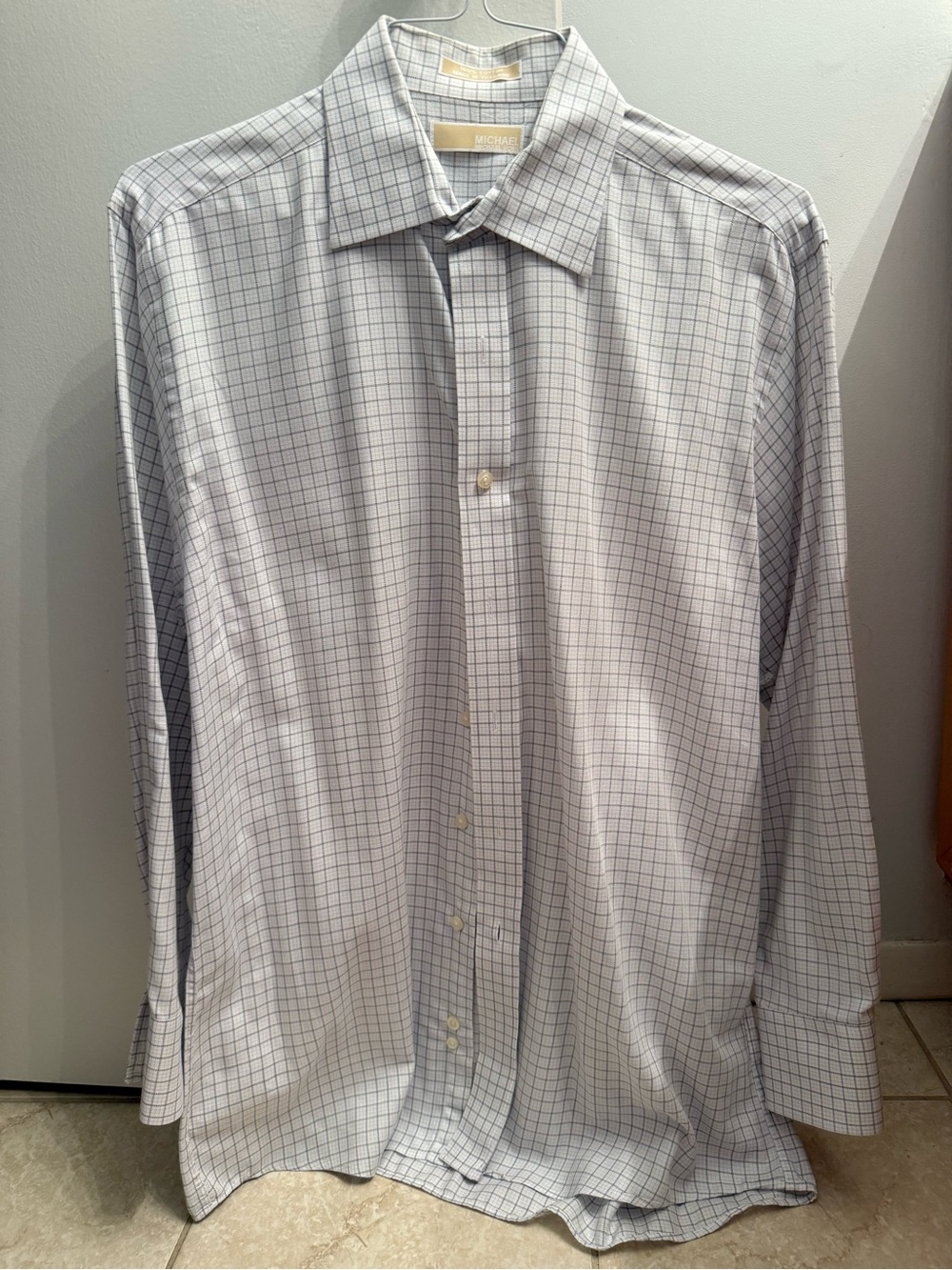 MICHAEL Michael Kors White and Gray Windowpane Dress Shirt